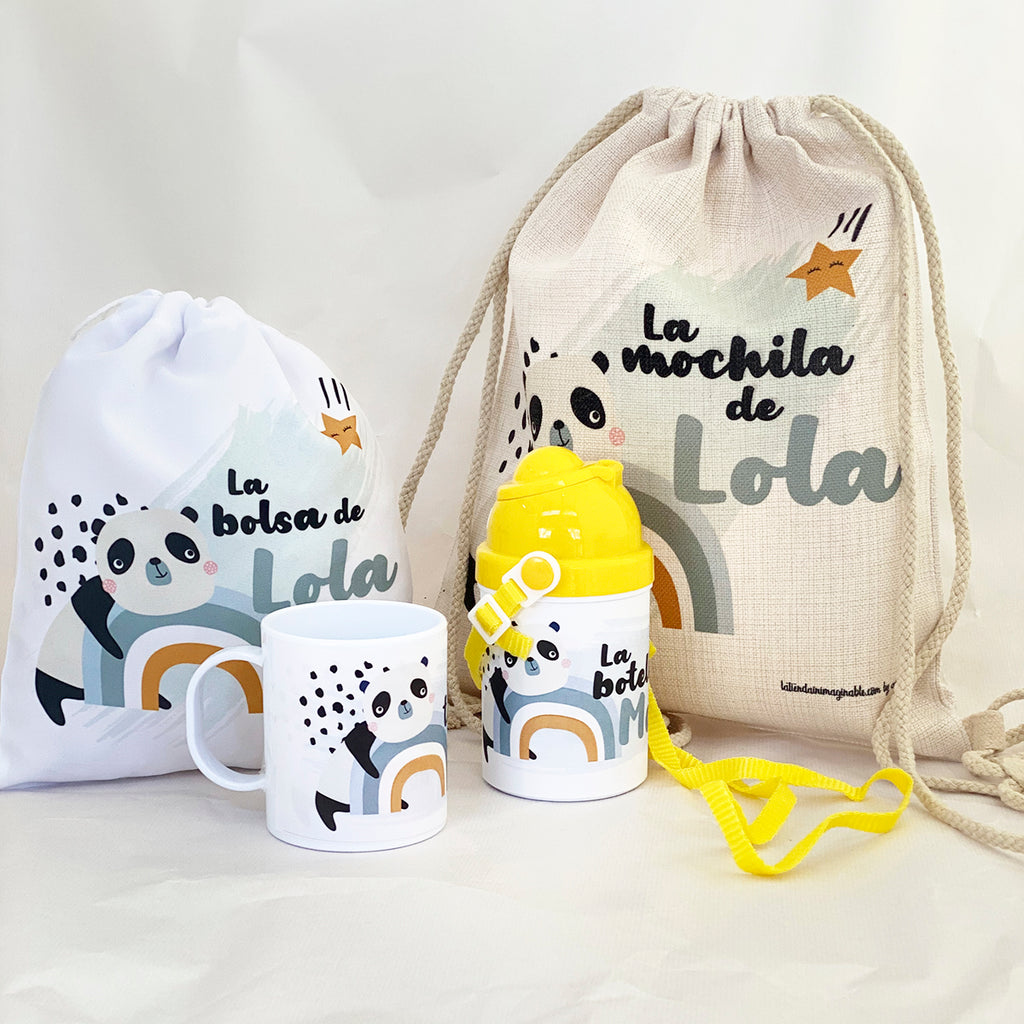 Lote Infantil Panda: Mochila + Bolsa Almuerzo + Taza de plástico + Botella