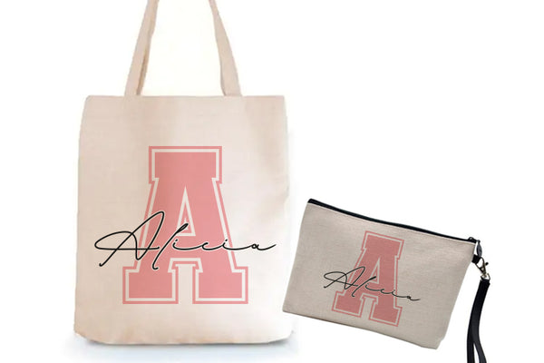 Lote Bolsa Grande y Neceser de yute con Inicial y Nombre