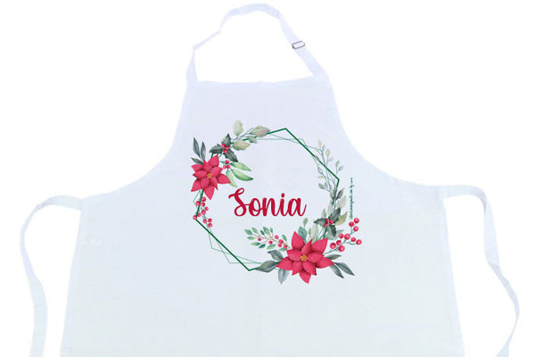 Delantal blanco con hebilla y diseño navideño personalizable nombre
