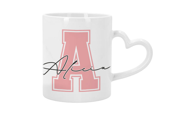 Taza de cerámica asa corazón con Inicial y Nombre