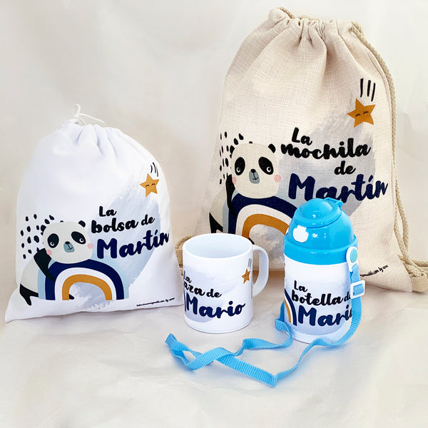 Lote Infantil Panda: Mochila + Bolsa Almuerzo + Taza de plástico + Botella