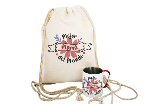 Lote Mochila + Taza de aluminio "Mejor mamá del mundo"