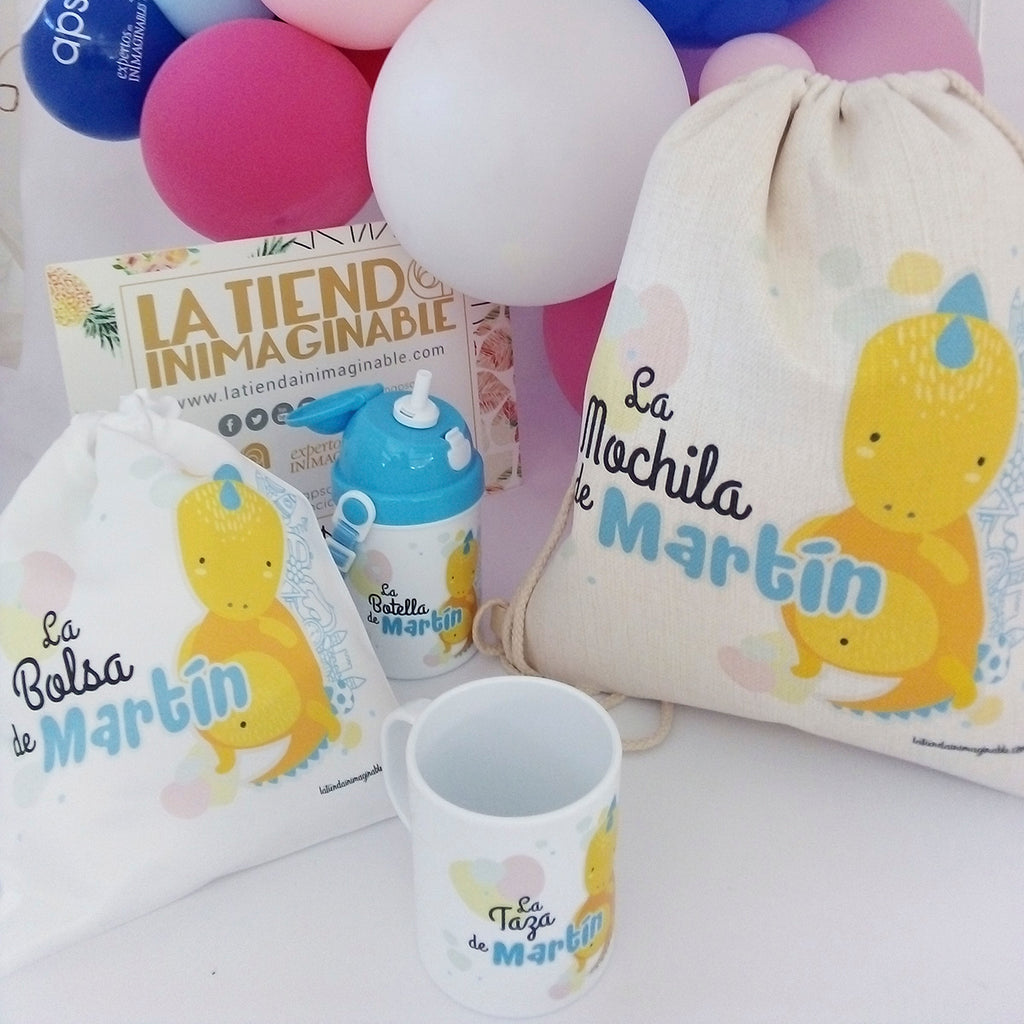 Lote Infantil Dino: Mochila + Bolsa Almuerzo + Taza de plástico + Botella